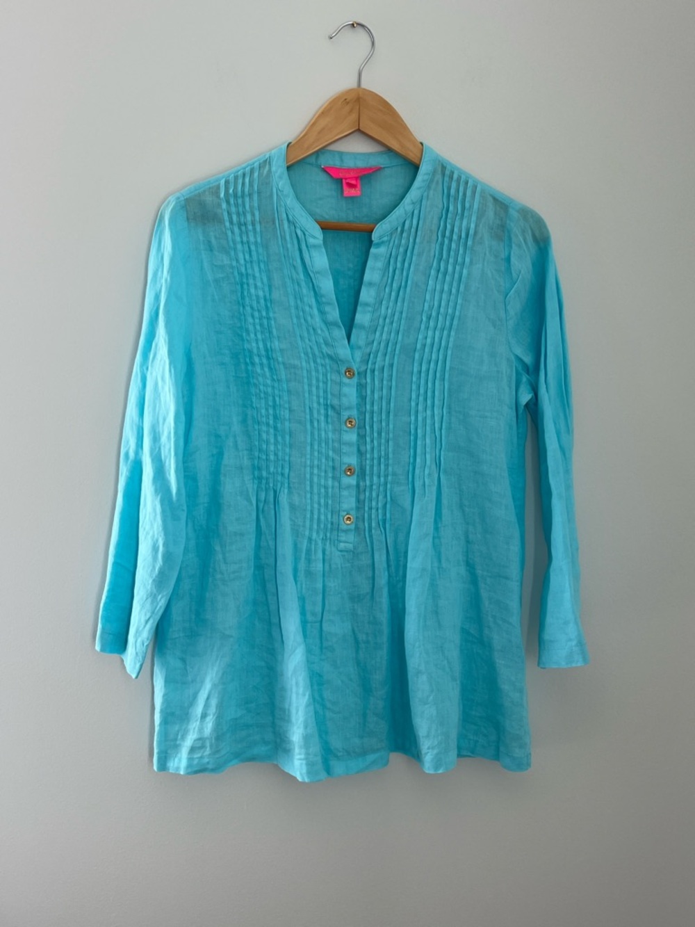 Lilly Pulitzer 100% Linen Turquoise Button Pintuck Tunic Style #010534 Size XS